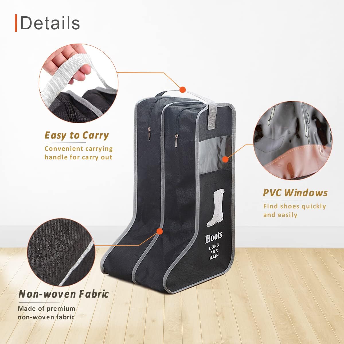 2 Pack Portable Boots Storage Bag, Black Shoe Bags for Storage and Travel Dust Proof Travel Shoe Bags for Packing (Large) - Image 3